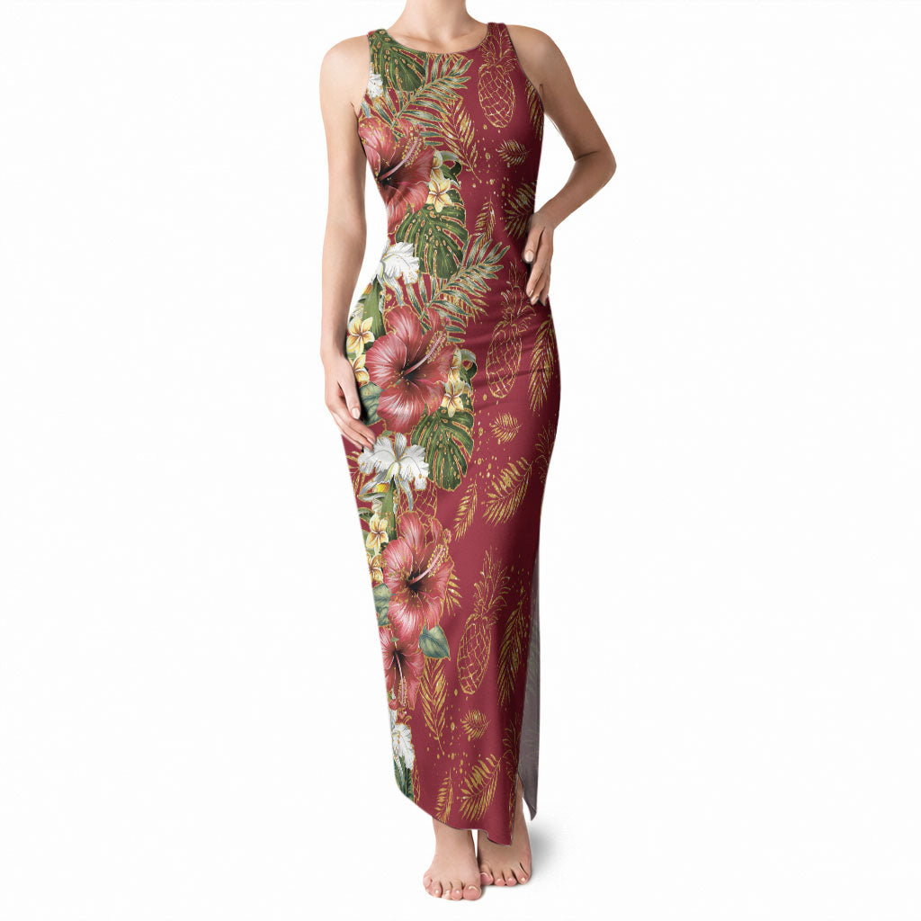 Hawaii Discoverers Day Tank Maxi Dress Tropical Hibiscus Glitter Crimson