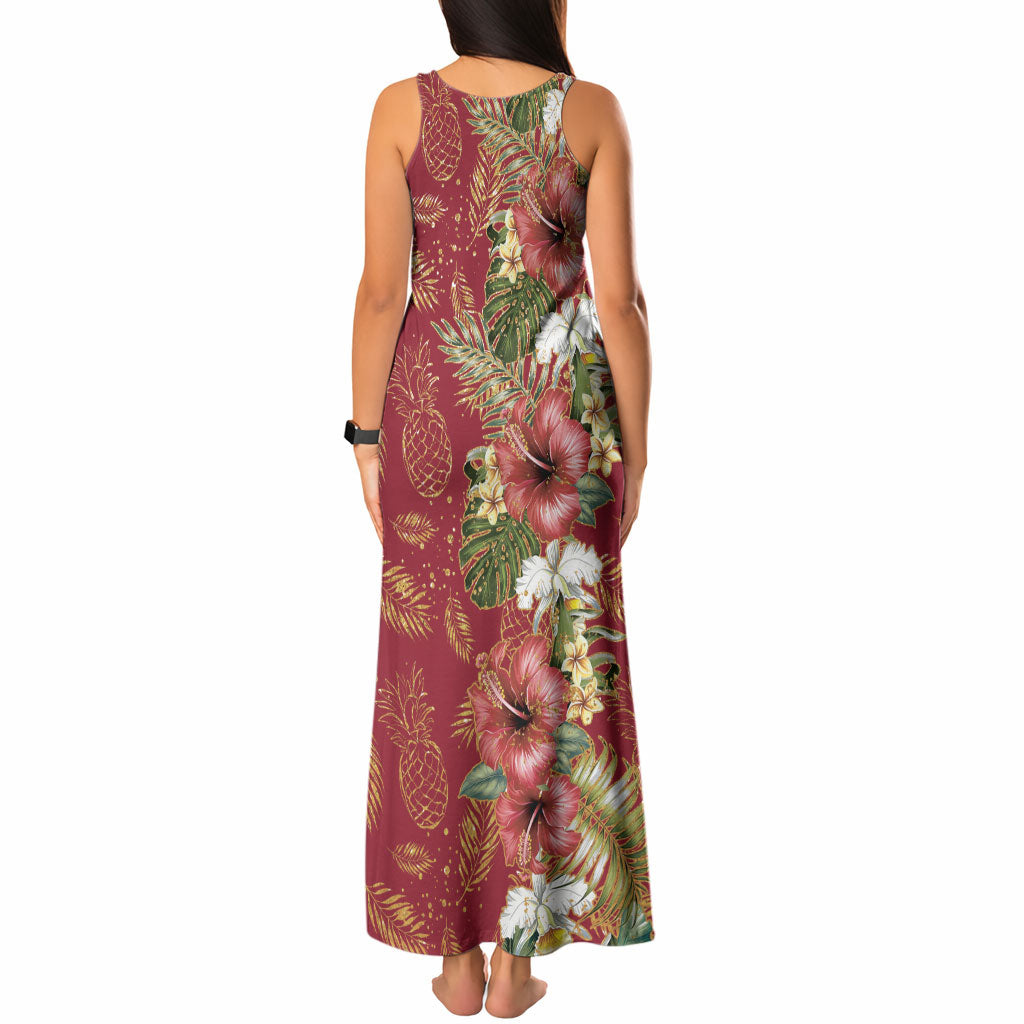 Hawaii Discoverers Day Tank Maxi Dress Tropical Hibiscus Glitter Crimson