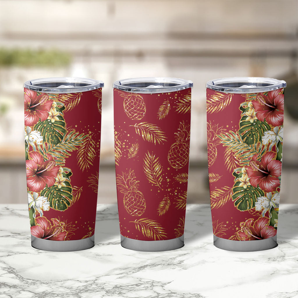Hawaii Discoverers Day Tumbler Cup Tropical Hibiscus Glitter Crimson LT05 - Polynesian Pride
