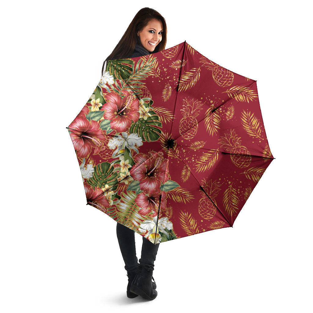 Hawaii Discoverers Day Umbrella Tropical Hibiscus Glitter Crimson LT05 - Polynesian Pride