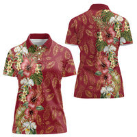 Hawaii Discoverers Day Women Polo Shirt Tropical Hibiscus Glitter Crimson LT05 - Polynesian Pride