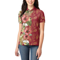 Hawaii Discoverers Day Women Polo Shirt Tropical Hibiscus Glitter Crimson LT05 - Polynesian Pride