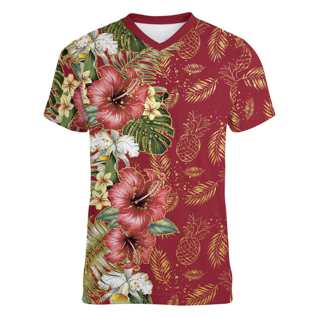 Hawaii Discoverers Day Women V-Neck T-Shirt Tropical Hibiscus Glitter Crimson