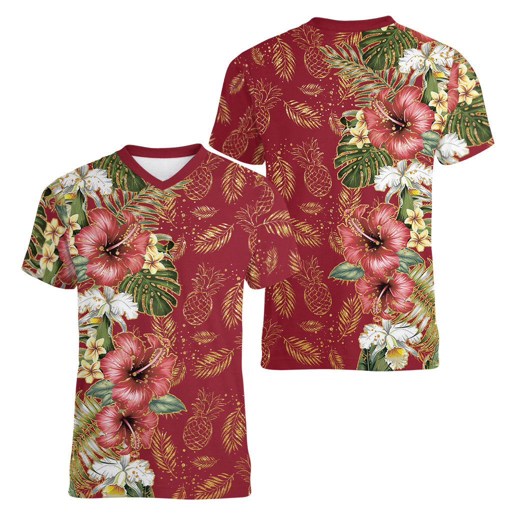 Hawaii Discoverers Day Women V-Neck T-Shirt Tropical Hibiscus Glitter Crimson