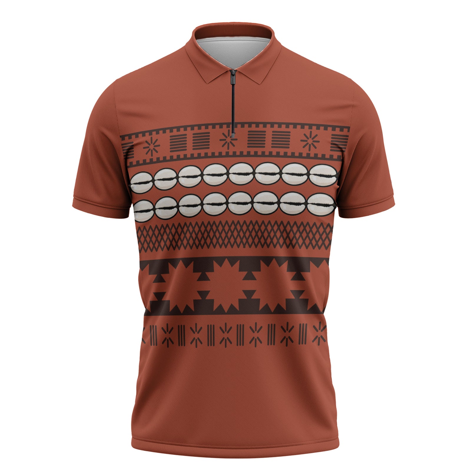 Polynesian Princess Inspired Tapa Pattern Zipper Polo Shirt