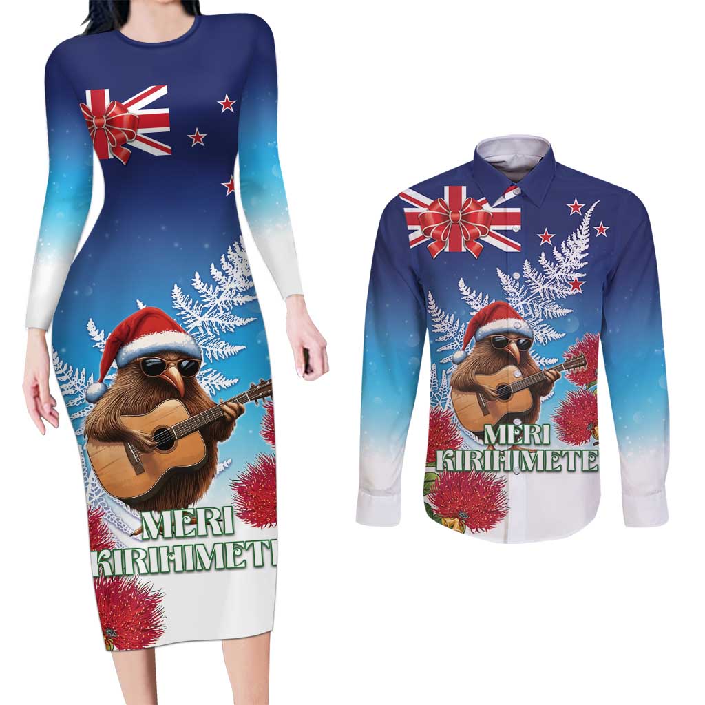 New Zealand Kiwi Christmas Couples Matching Long Sleeve Bodycon Dress and Long Sleeve Button Shirt Xmas Vibe