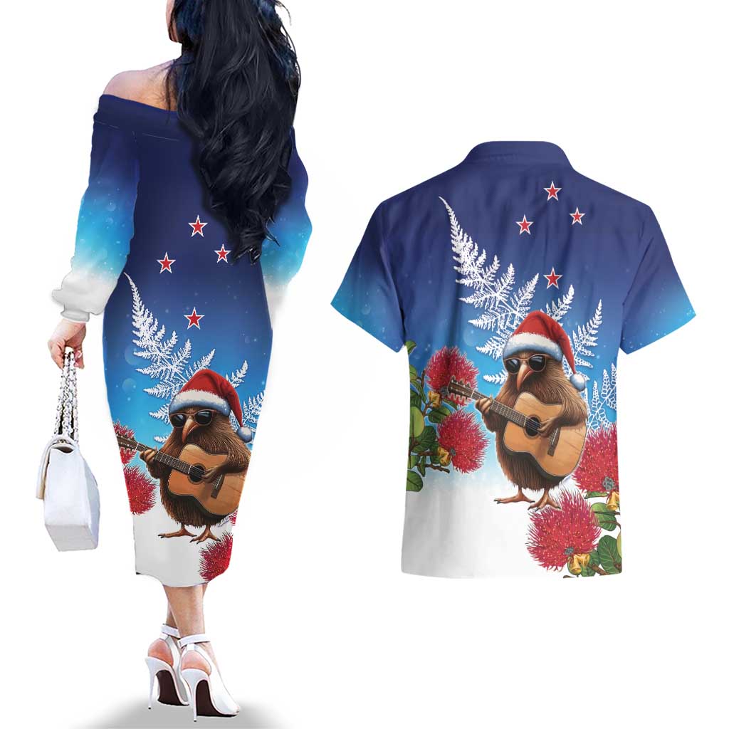 New Zealand Kiwi Christmas Couples Matching Off The Shoulder Long Sleeve Dress and Hawaiian Shirt Xmas Vibe LT05 - Polynesian Pride