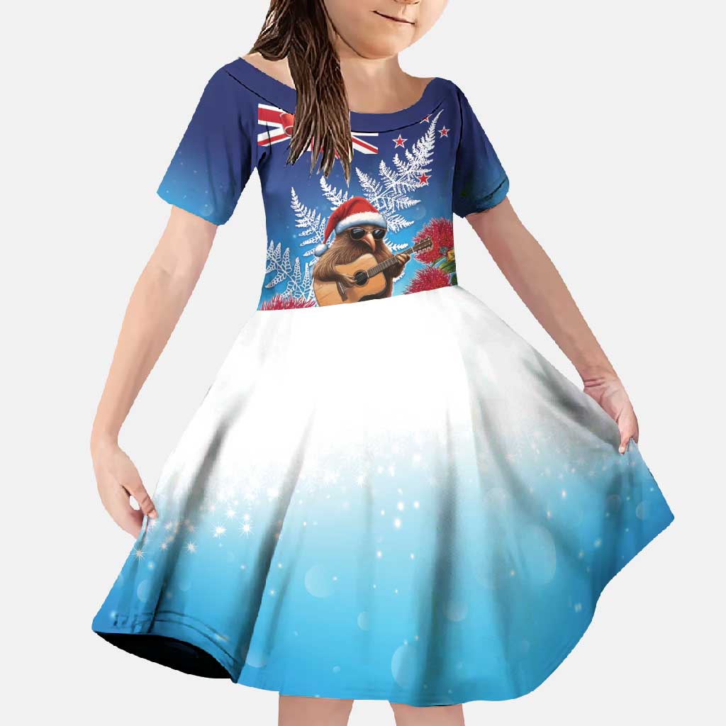 New Zealand Kiwi Christmas Family Matching Long Sleeve Bodycon Dress and Hawaiian Shirt Xmas Vibe LT05 Daughter's Dress Blue - Polynesian Pride
