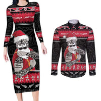New Zealand Santa Tiki Christmas Couples Matching Long Sleeve Bodycon Dress and Long Sleeve Button Shirt Meri Kirihimete LT05 Black - Polynesian Pride