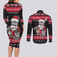New Zealand Santa Tiki Christmas Couples Matching Long Sleeve Bodycon Dress and Long Sleeve Button Shirt Meri Kirihimete LT05 - Polynesian Pride