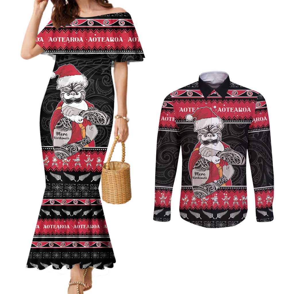 New Zealand Santa Tiki Christmas Couples Matching Mermaid Dress and Long Sleeve Button Shirt Meri Kirihimete LT05 Black - Polynesian Pride