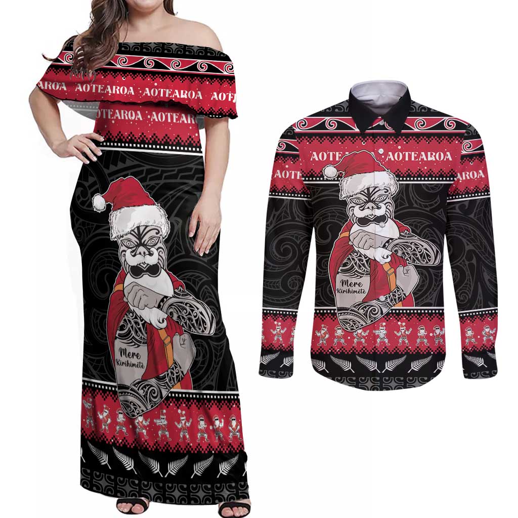 New Zealand Santa Tiki Christmas Couples Matching Off Shoulder Maxi Dress and Long Sleeve Button Shirt Meri Kirihimete LT05 Black - Polynesian Pride