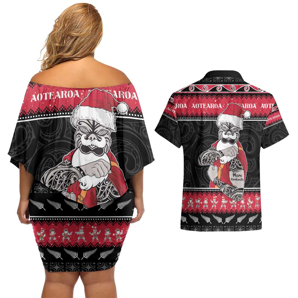 New Zealand Santa Tiki Christmas Couples Matching Off Shoulder Short Dress and Hawaiian Shirt Meri Kirihimete LT05 - Polynesian Pride