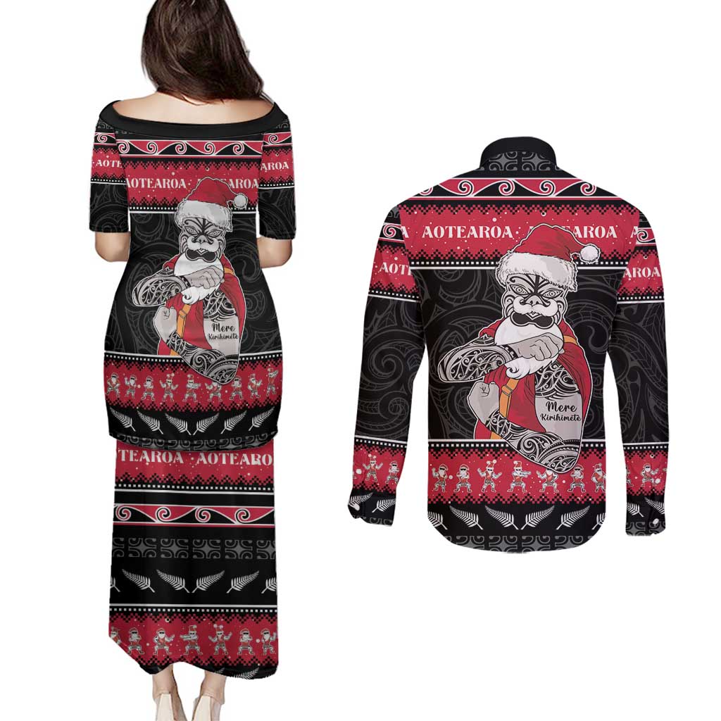 New Zealand Santa Tiki Christmas Couples Matching Puletasi and Long Sleeve Button Shirt Meri Kirihimete LT05 - Polynesian Pride