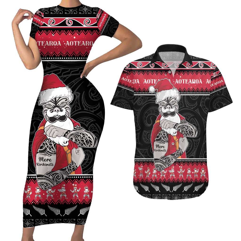 New Zealand Santa Tiki Christmas Couples Matching Short Sleeve Bodycon Dress and Hawaiian Shirt Meri Kirihimete