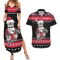 New Zealand Santa Tiki Christmas Couples Matching Summer Maxi Dress and Hawaiian Shirt Meri Kirihimete LT05 Black - Polynesian Pride