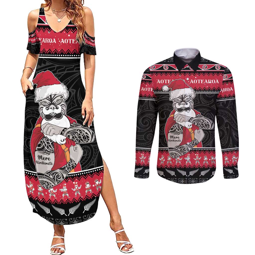 New Zealand Santa Tiki Christmas Couples Matching Summer Maxi Dress and Long Sleeve Button Shirt Meri Kirihimete LT05 Black - Polynesian Pride