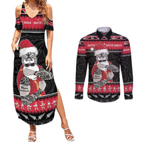 New Zealand Santa Tiki Christmas Couples Matching Summer Maxi Dress and Long Sleeve Button Shirt Meri Kirihimete LT05 Black - Polynesian Pride