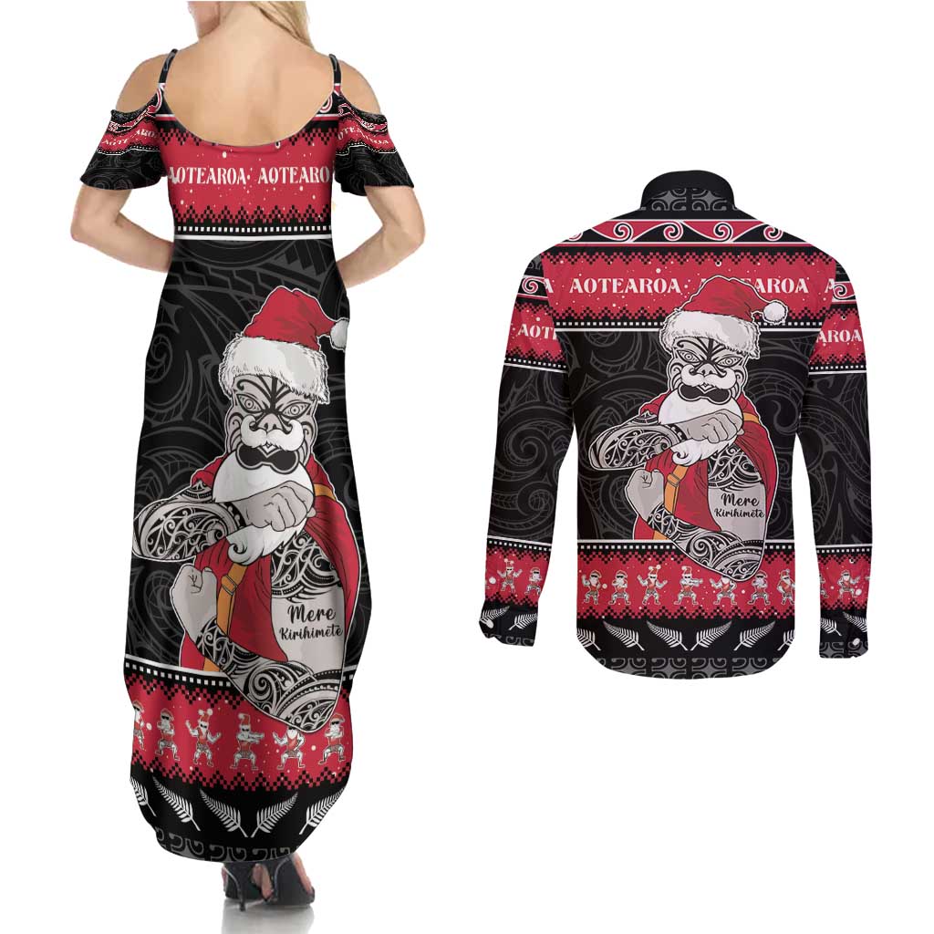 New Zealand Santa Tiki Christmas Couples Matching Summer Maxi Dress and Long Sleeve Button Shirt Meri Kirihimete LT05 - Polynesian Pride