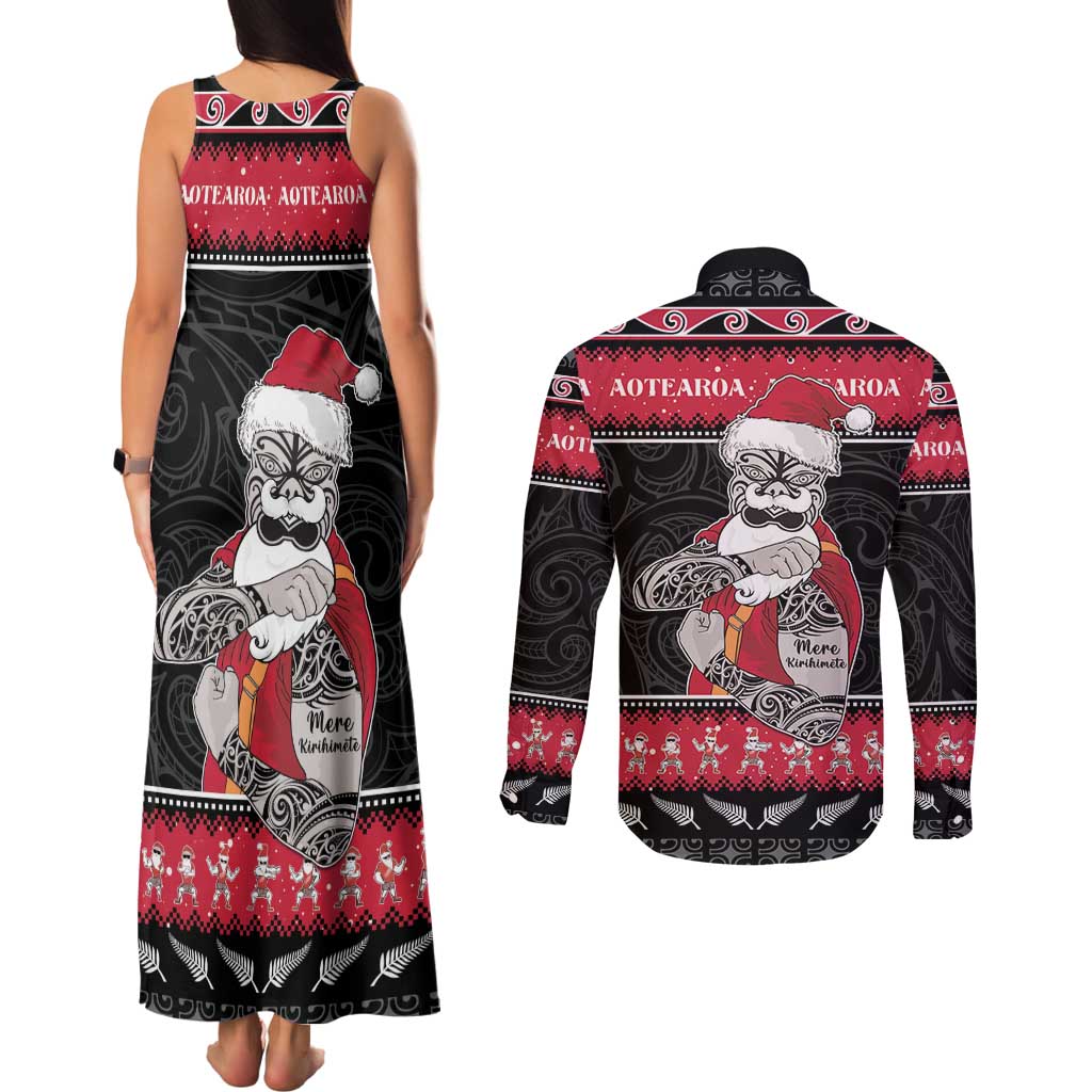 New Zealand Santa Tiki Christmas Couples Matching Tank Maxi Dress and Long Sleeve Button Shirt Meri Kirihimete LT05 - Polynesian Pride