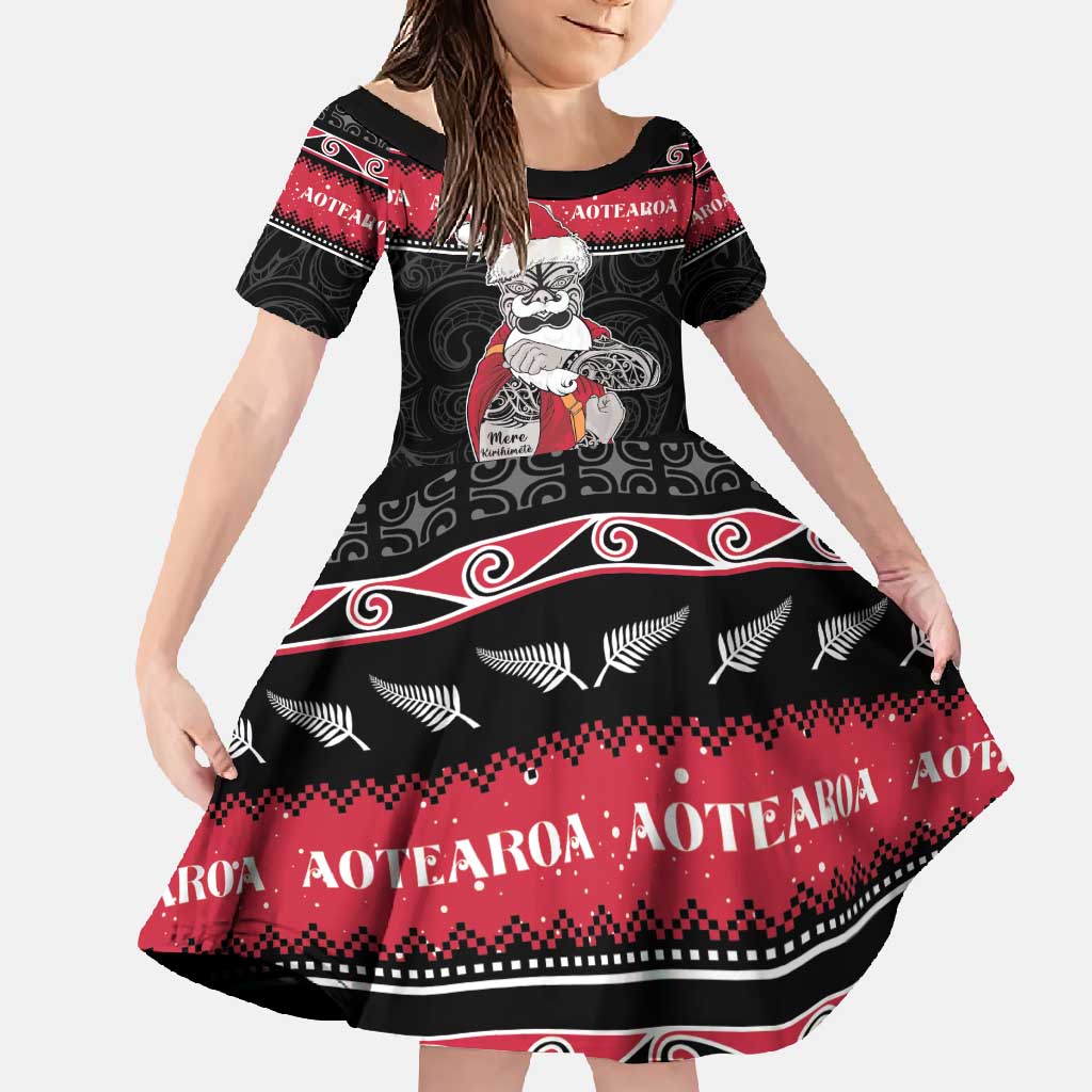 New Zealand Santa Tiki Christmas Family Matching Long Sleeve Bodycon Dress and Hawaiian Shirt Meri Kirihimete LT05 Daughter's Dress Black - Polynesian Pride