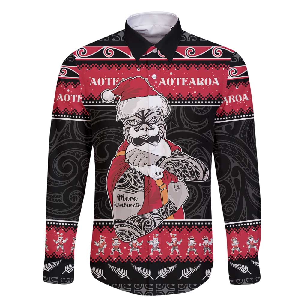 New Zealand Santa Tiki Christmas Family Matching Long Sleeve Bodycon Dress and Hawaiian Shirt Meri Kirihimete LT05 Dad's Shirt - Long Sleeve Black - Polynesian Pride