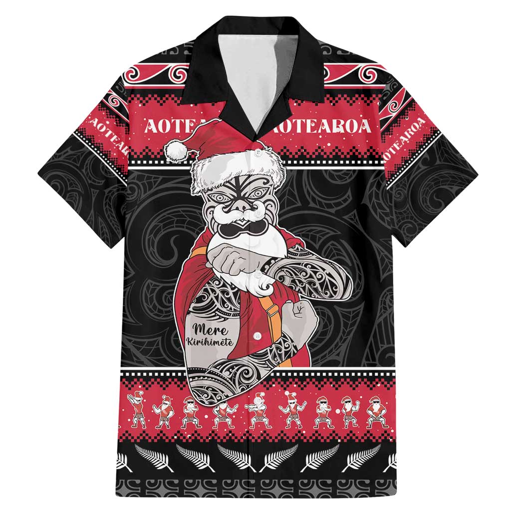 New Zealand Santa Tiki Christmas Family Matching Mermaid Dress and Hawaiian Shirt Meri Kirihimete LT05 Dad's Shirt - Short Sleeve Black - Polynesian Pride