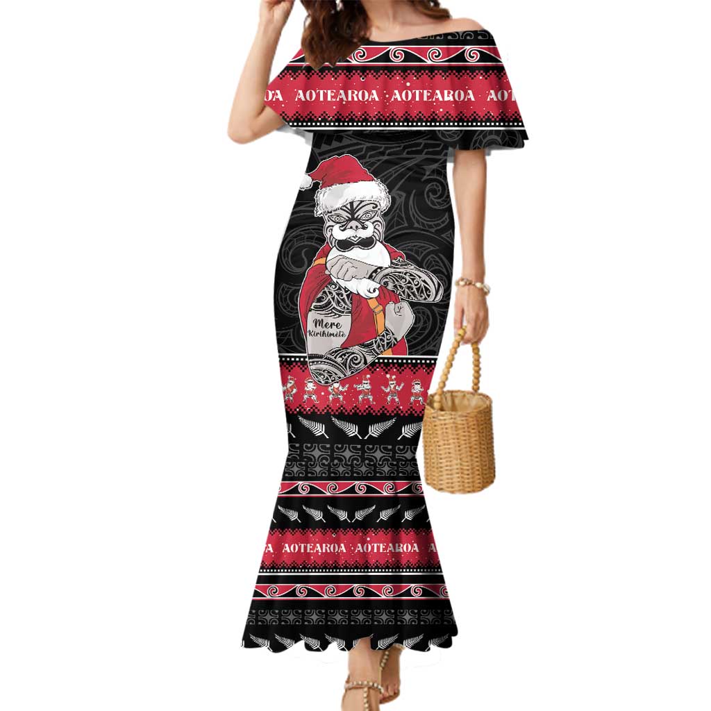 New Zealand Santa Tiki Christmas Family Matching Mermaid Dress and Hawaiian Shirt Meri Kirihimete LT05 Mom's Dress Black - Polynesian Pride