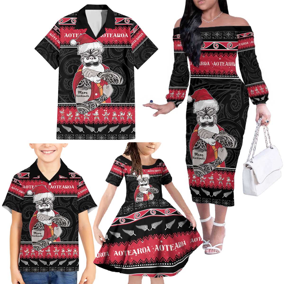 New Zealand Santa Tiki Christmas Family Matching Off The Shoulder Long Sleeve Dress and Hawaiian Shirt Meri Kirihimete LT05 - Polynesian Pride