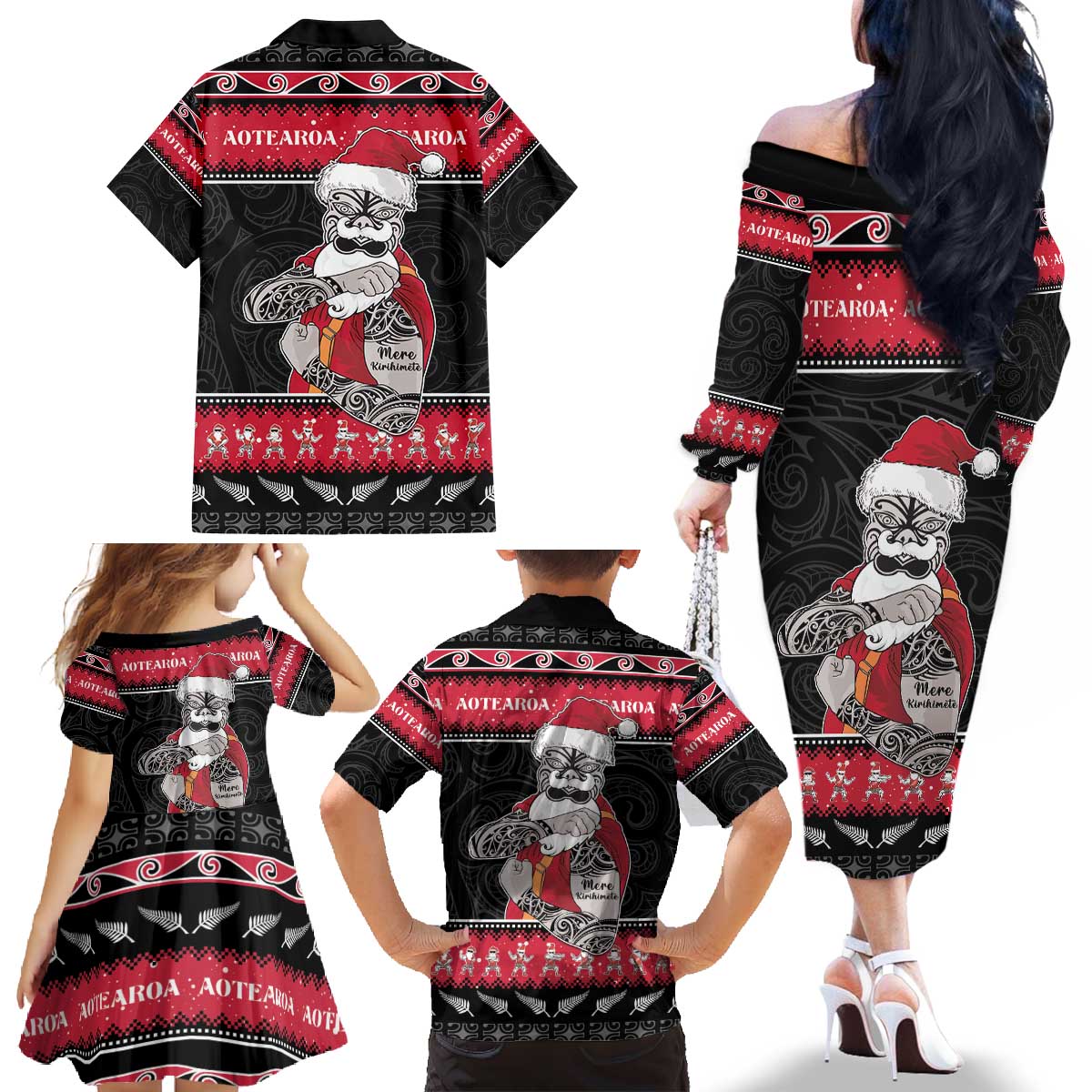 New Zealand Santa Tiki Christmas Family Matching Off The Shoulder Long Sleeve Dress and Hawaiian Shirt Meri Kirihimete LT05 - Polynesian Pride