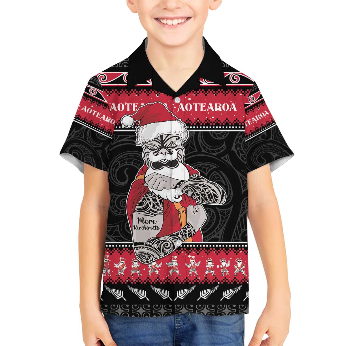 New Zealand Santa Tiki Christmas Family Matching Off The Shoulder Long Sleeve Dress and Hawaiian Shirt Meri Kirihimete LT05 Son's Shirt Black - Polynesian Pride