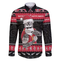 New Zealand Santa Tiki Christmas Family Matching Puletasi and Hawaiian Shirt Meri Kirihimete LT05 Dad's Shirt - Long Sleeve Black - Polynesian Pride