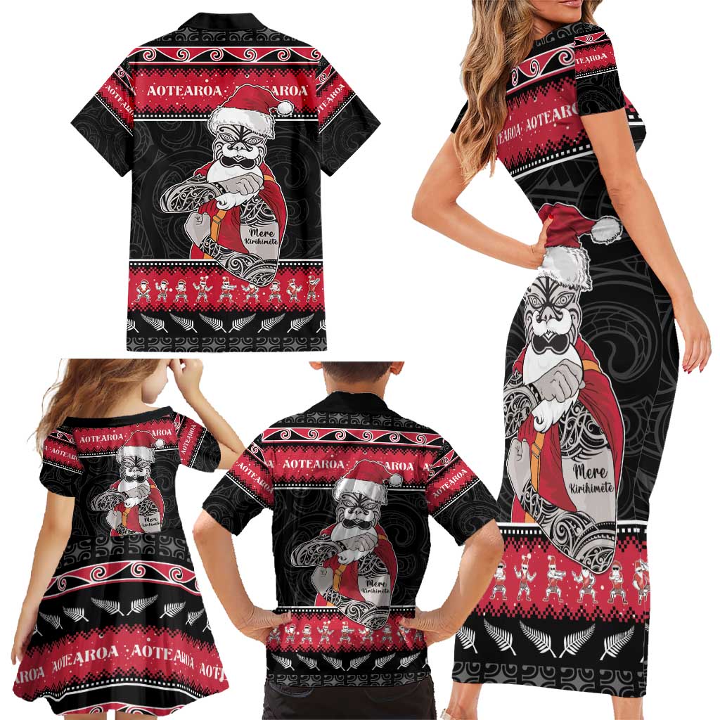 New Zealand Santa Tiki Christmas Family Matching Short Sleeve Bodycon Dress and Hawaiian Shirt Meri Kirihimete LT05 - Polynesian Pride