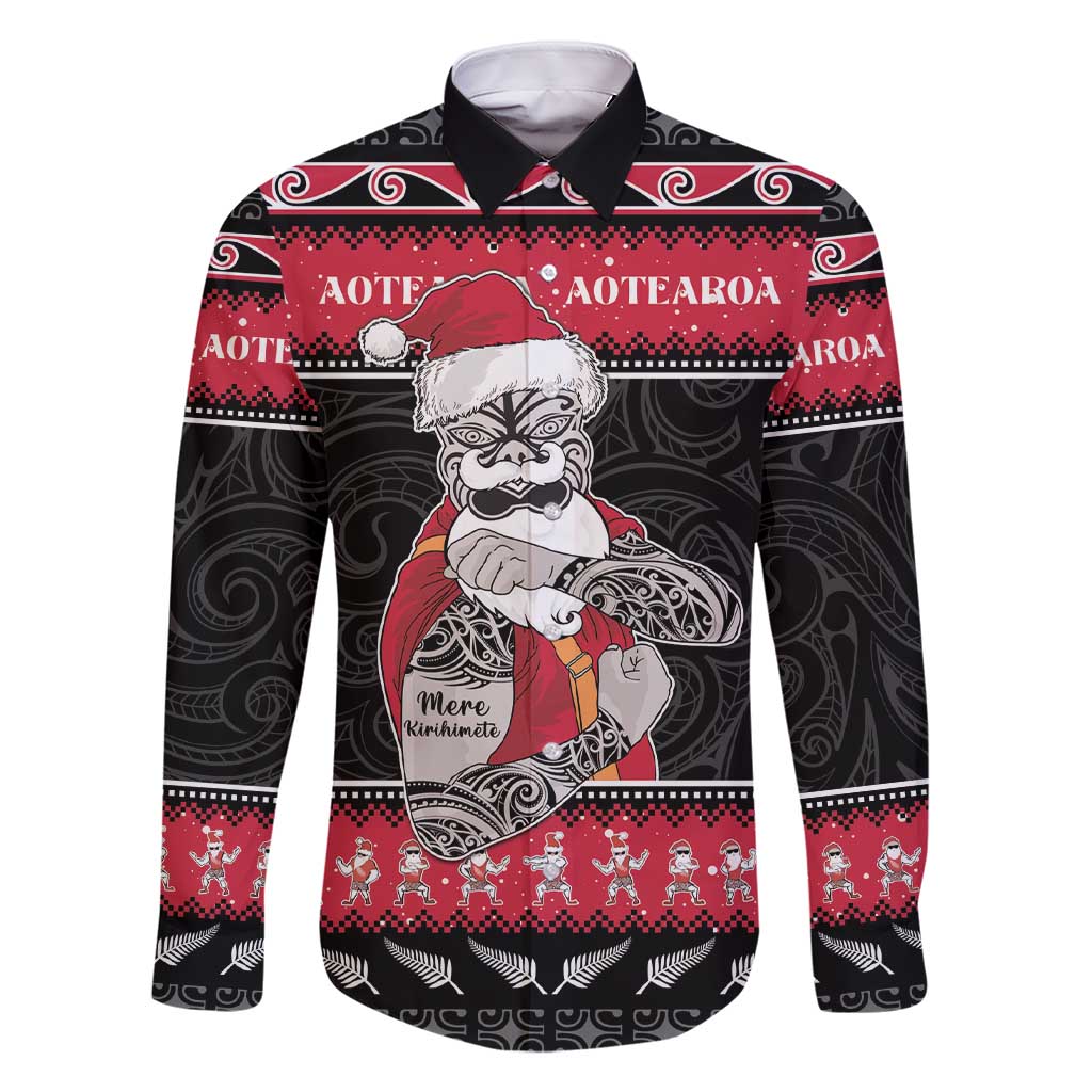 New Zealand Santa Tiki Christmas Family Matching Short Sleeve Bodycon Dress and Hawaiian Shirt Meri Kirihimete LT05 Dad's Shirt - Long Sleeve Black - Polynesian Pride