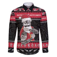 New Zealand Santa Tiki Christmas Family Matching Short Sleeve Bodycon Dress and Hawaiian Shirt Meri Kirihimete LT05 Dad's Shirt - Long Sleeve Black - Polynesian Pride