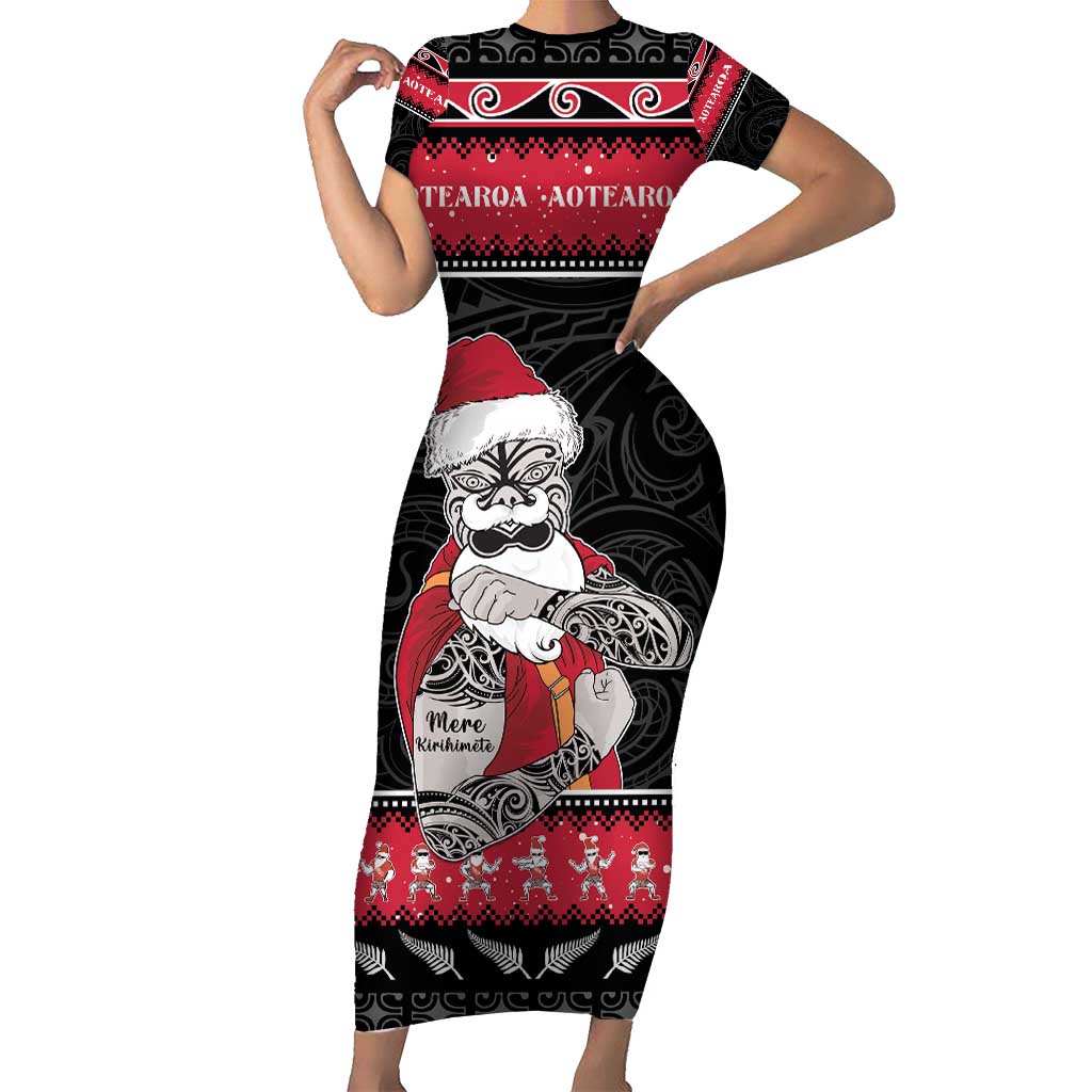 New Zealand Santa Tiki Christmas Family Matching Short Sleeve Bodycon Dress and Hawaiian Shirt Meri Kirihimete LT05 Mom's Dress Black - Polynesian Pride
