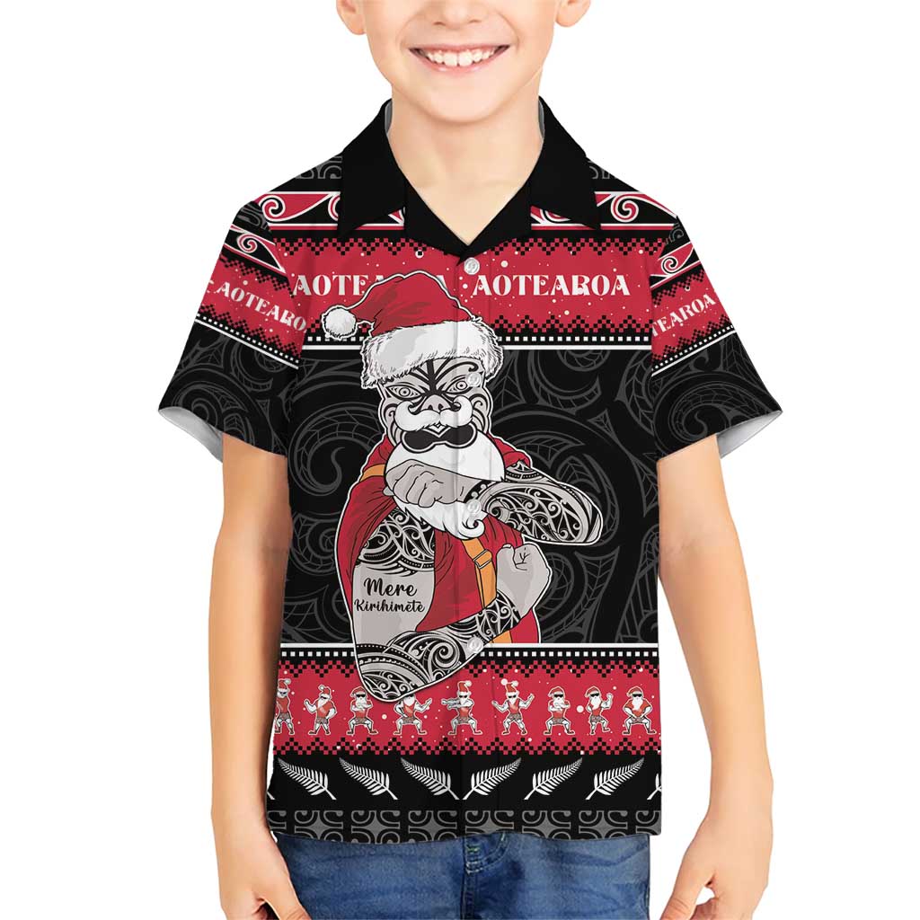 New Zealand Santa Tiki Christmas Family Matching Short Sleeve Bodycon Dress and Hawaiian Shirt Meri Kirihimete LT05 Son's Shirt Black - Polynesian Pride