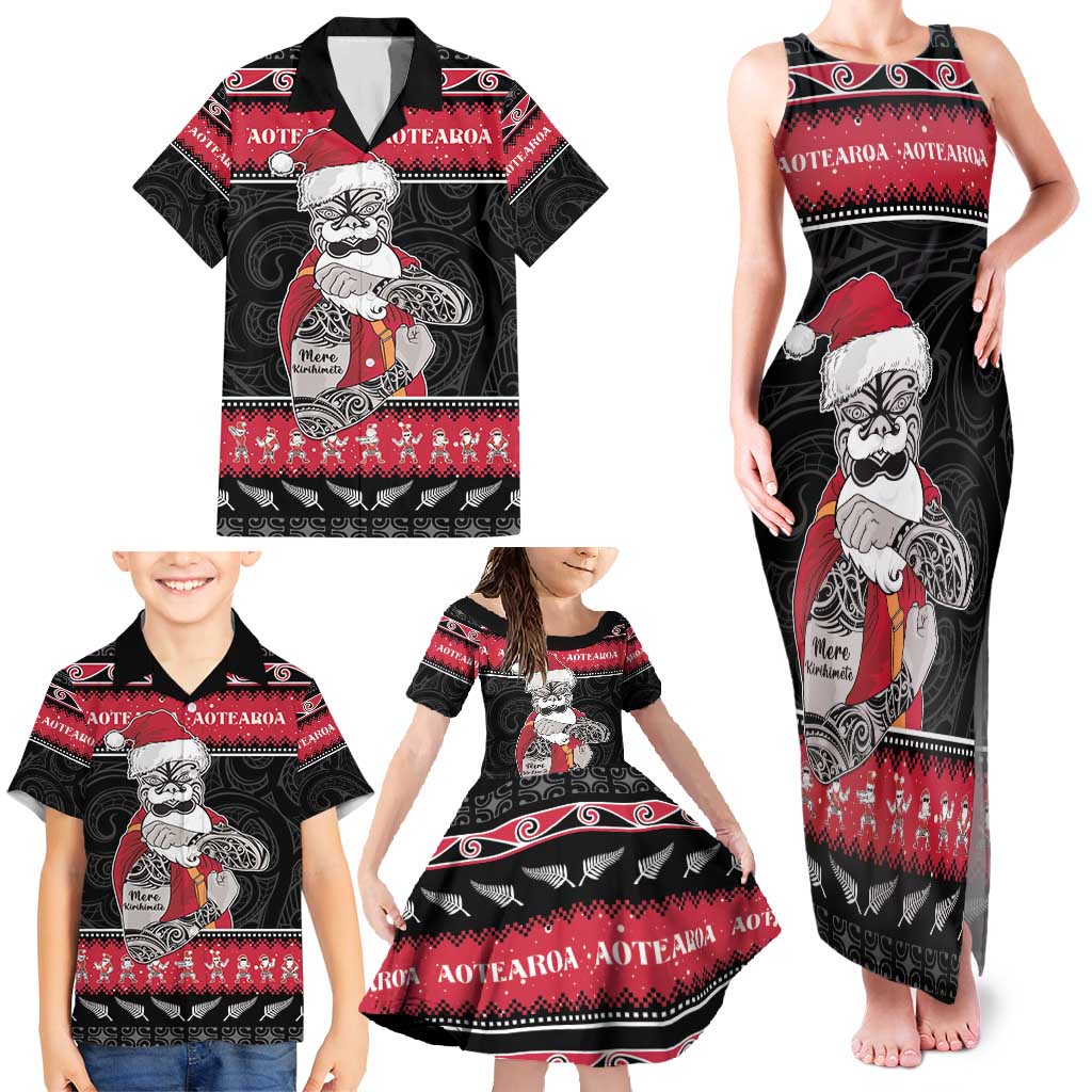 New Zealand Santa Tiki Christmas Family Matching Tank Maxi Dress and Hawaiian Shirt Meri Kirihimete