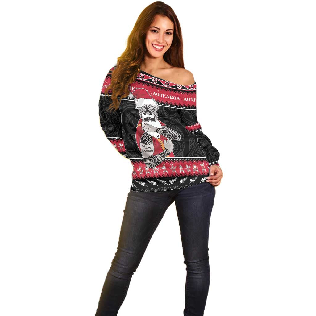 New Zealand Santa Tiki Christmas Off Shoulder Sweater Meri Kirihimete
