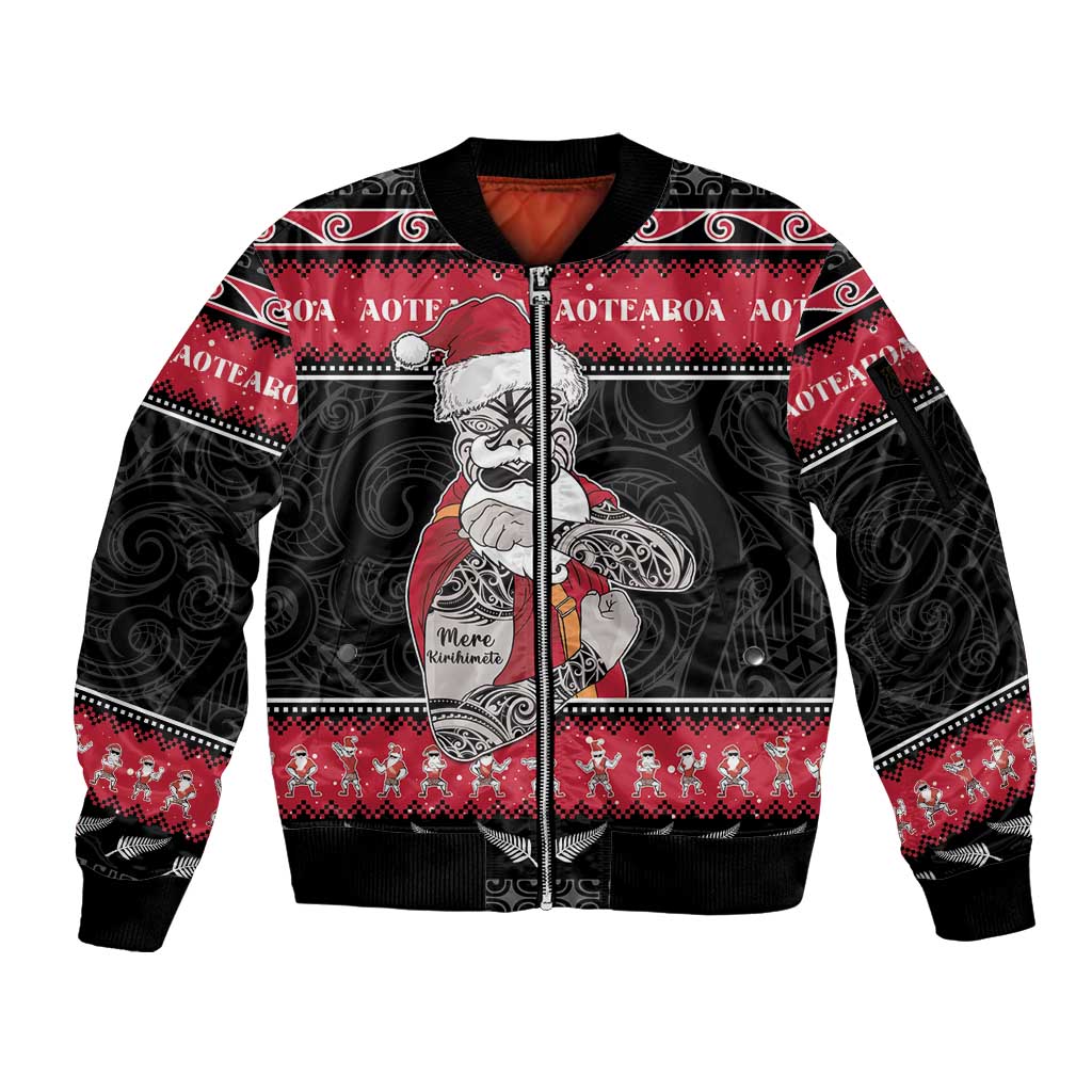 New Zealand Santa Tiki Christmas Sleeve Zip Bomber Jacket Meri Kirihimete