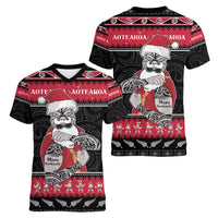 New Zealand Santa Tiki Christmas Women V-Neck T-Shirt Meri Kirihimete LT05 - Polynesian Pride