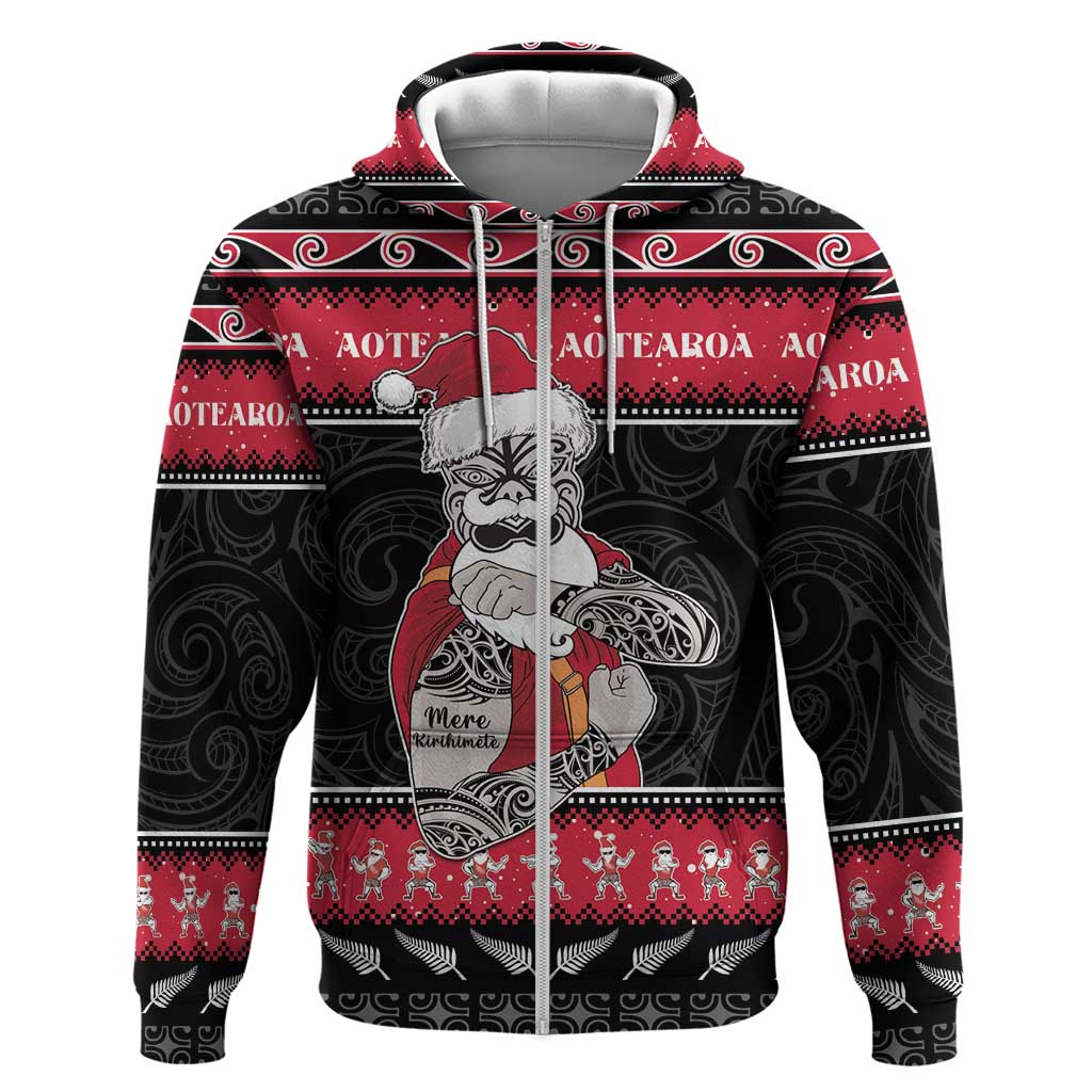 New Zealand Santa Tiki Christmas Zip Hoodie Meri Kirihimete LT05 Zip Hoodie Black - Polynesian Pride