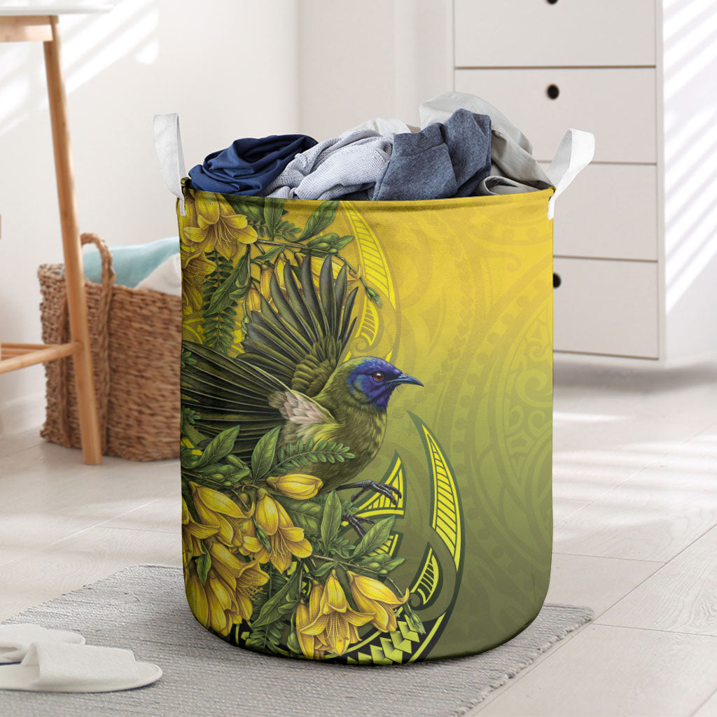 New Zealand Bellbird Laundry Basket With Kowhai Flowers LT05 Yellow - Polynesian Pride
