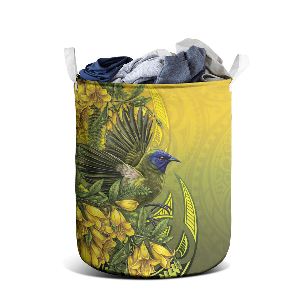 New Zealand Bellbird Laundry Basket With Kowhai Flowers LT05 - Polynesian Pride