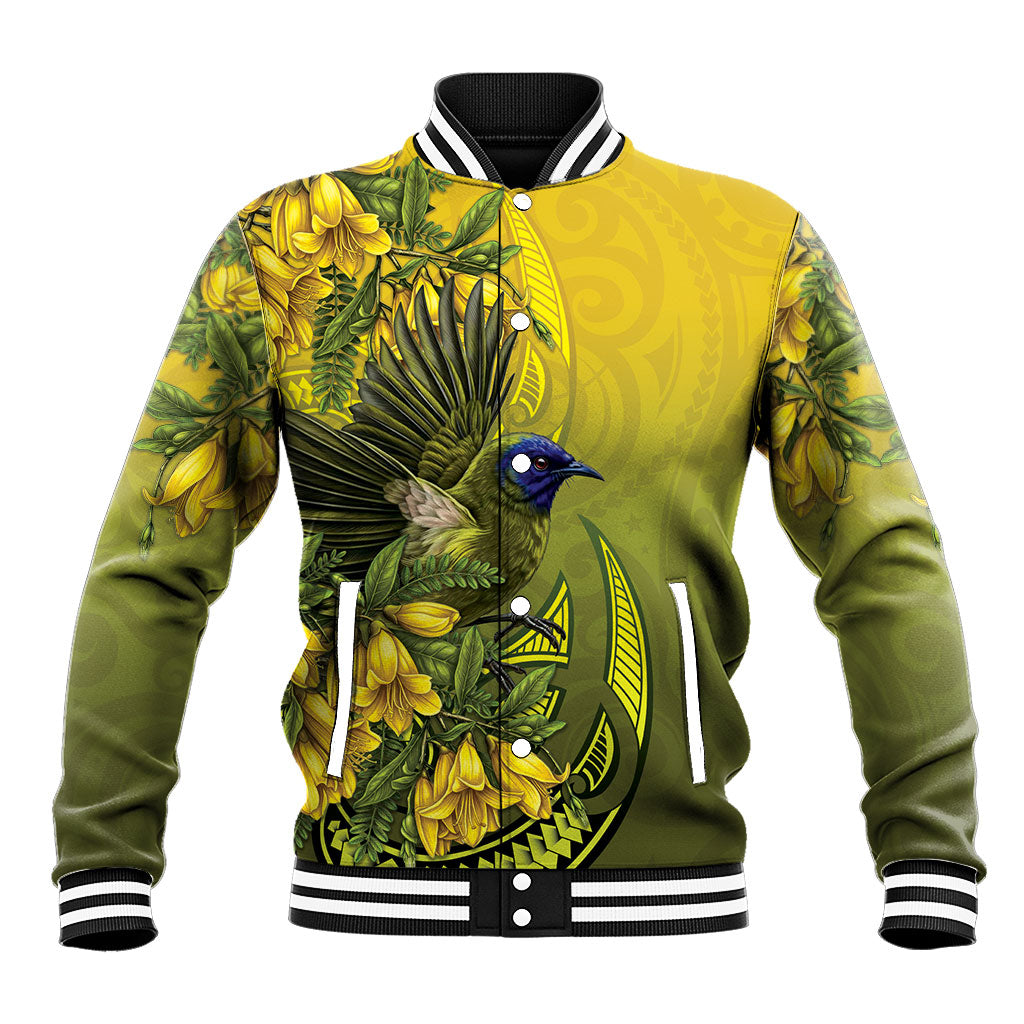 New Zealand Bellbird Baseball Jacket With Kowhai Flowers