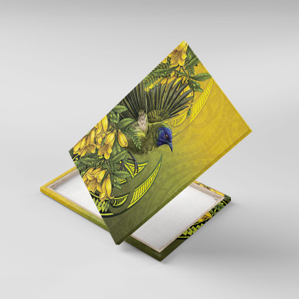 New Zealand Bellbird Canvas Wall Art With Kowhai Flowers LT05 With Frame Yellow - Polynesian Pride