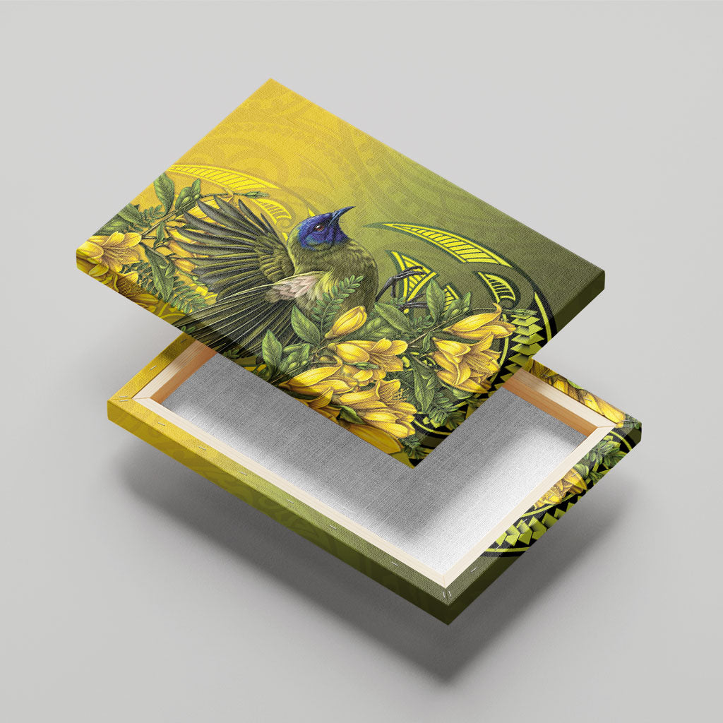 New Zealand Bellbird Canvas Wall Art With Kowhai Flowers LT05 - Polynesian Pride