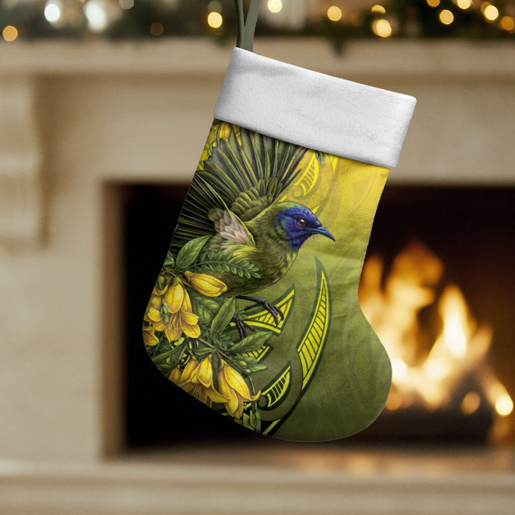 New Zealand Bellbird Christmas Stocking With Kowhai Flowers