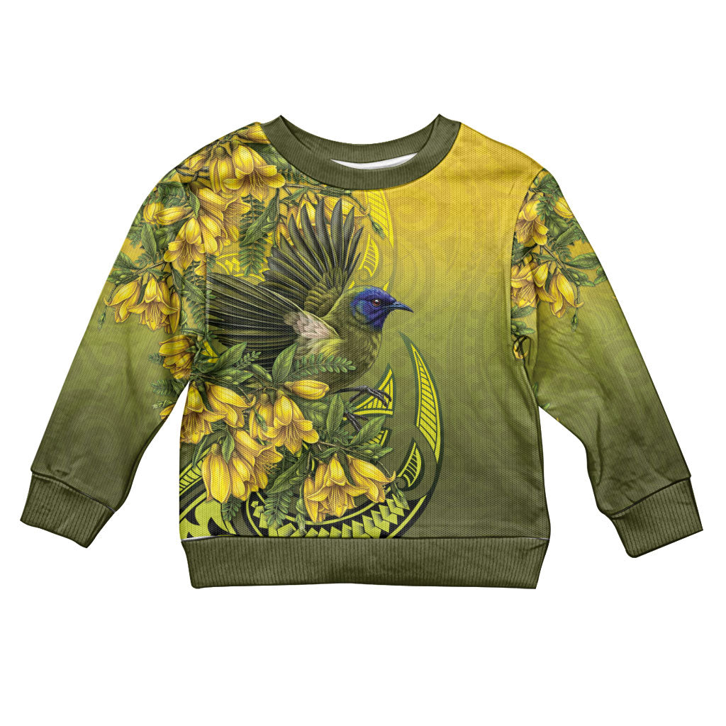 New Zealand Bellbird Kid Ugly Christmas Sweater With Kowhai Flowers LT05 Kid Yellow - Polynesian Pride