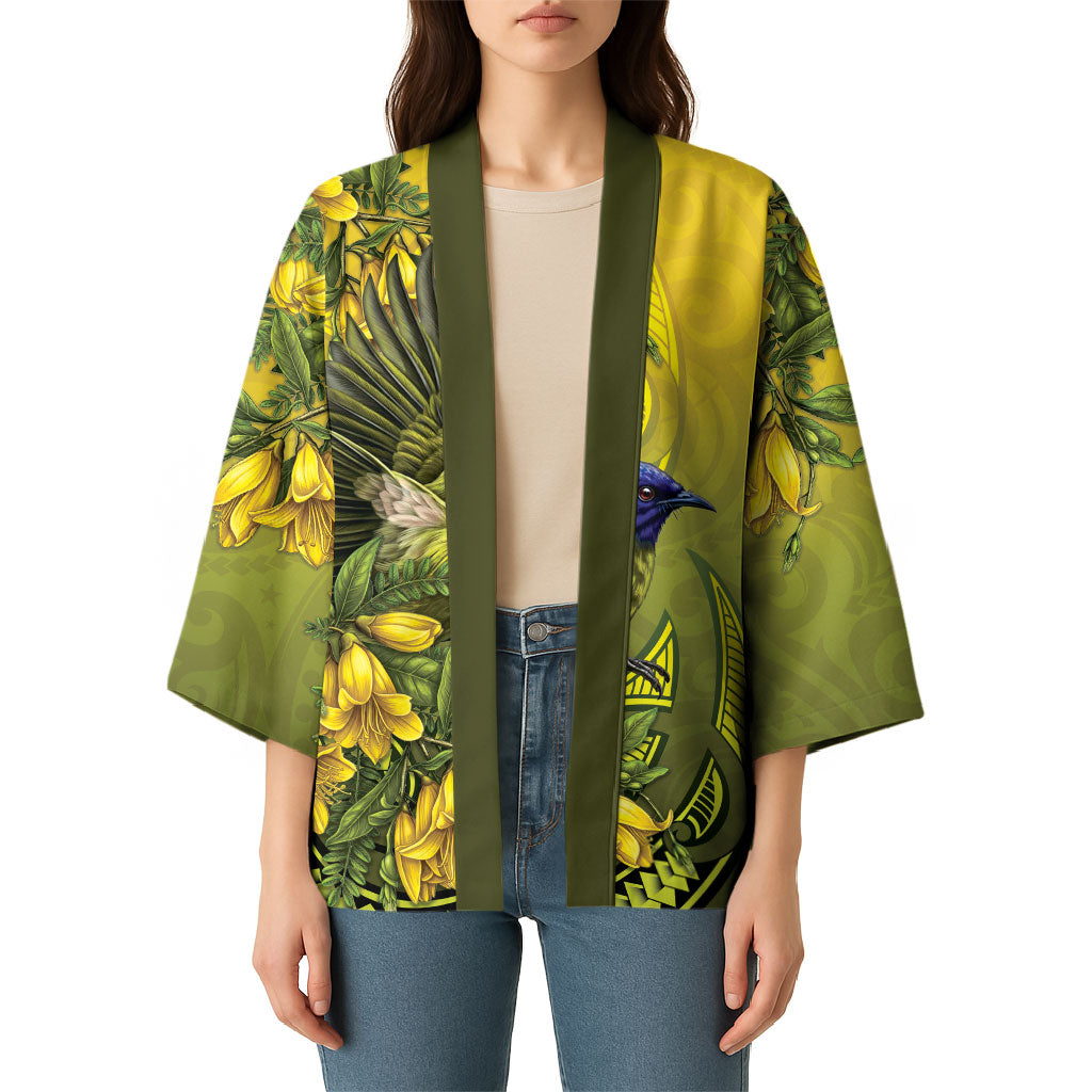 New Zealand Bellbird Kimono With Kowhai Flowers LT05 - Polynesian Pride